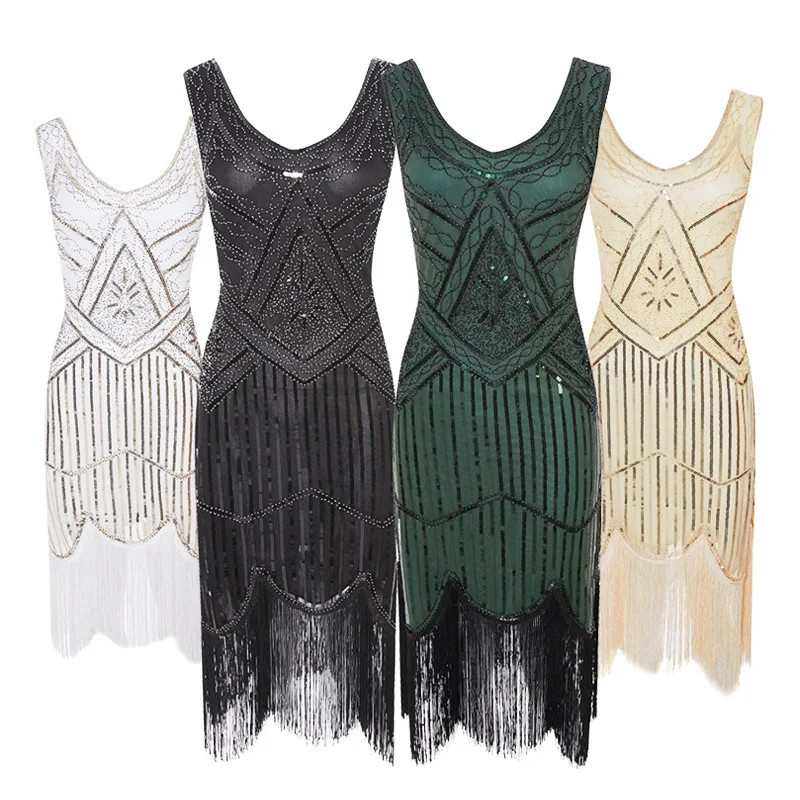 

Women Party Dress 1920 s Great Gatsby Flapper Vestidos Sequin Bead Fringe Dress Evening V Neck Embellished Fringed Sleeveless