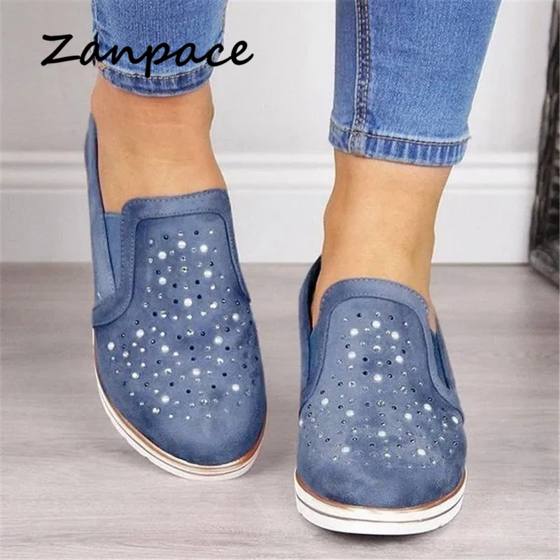 ZANPACE Large Size Casual Women Shoes 2019 Winter British Style Crystal Slip-On Women's Vulcanize Shoes Wedges Women Sneakers