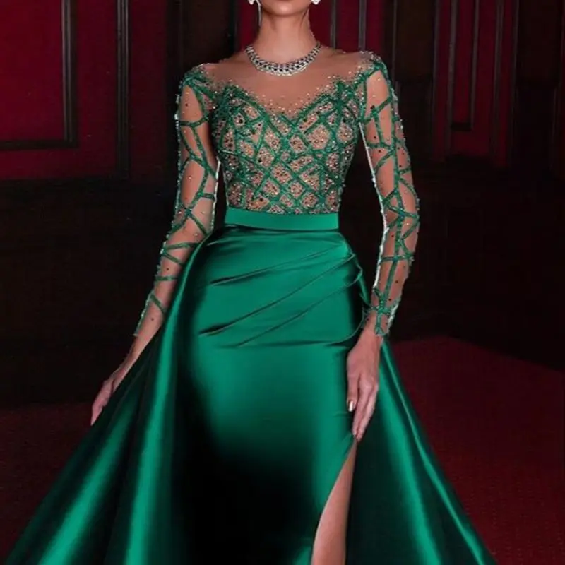 Elegant Mermaid Avondjurken 2022 Emerald Green Formele Jurk Volledige Lange Mouwen Satin Sexy Slit Parels Kralen Party Prom Jassen