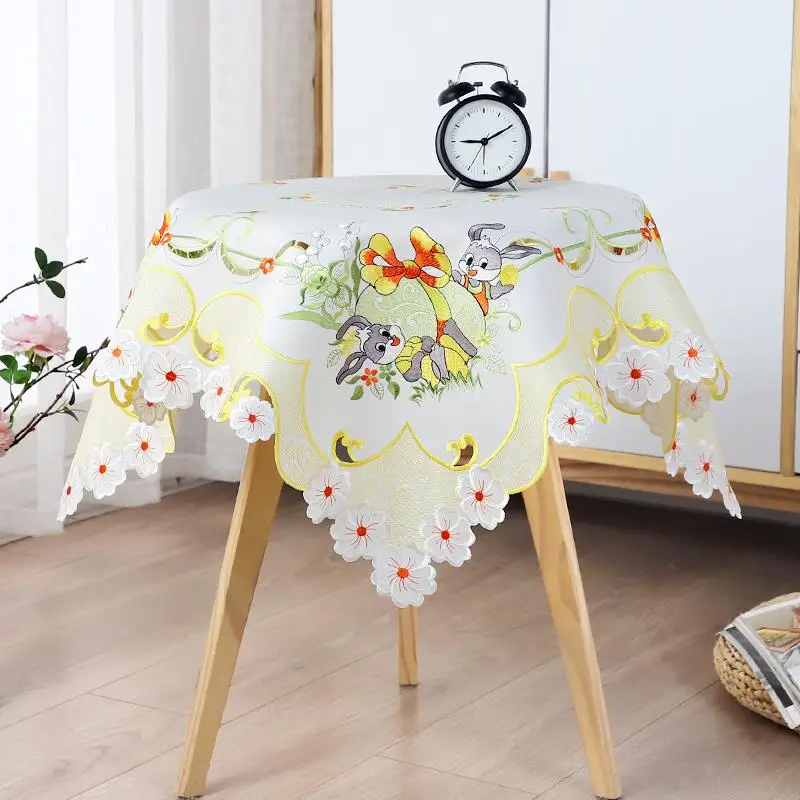 Modern Square 85cm Europe Cartoon Easter Satin Lace Embroidered Table Cover Cloth Towel Kitchen Tablecloth Party Birthday Decor