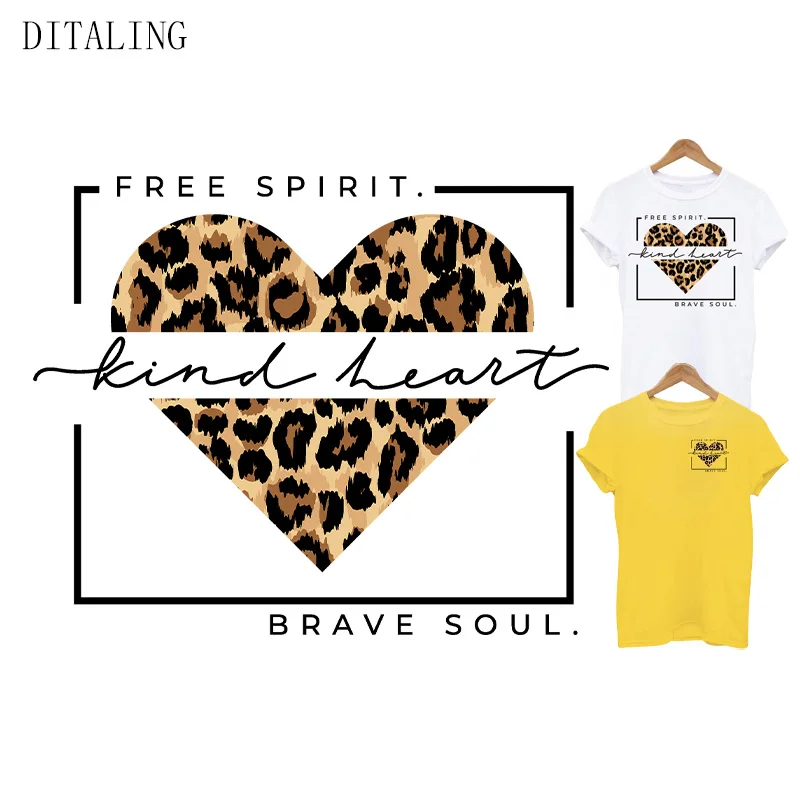 Leopard Heart Patch Brave Soul Thermal Stickers On Clothes DIY T-Shirt Coat Free Spirit Girl Heat Transfer Vinyl Ironing Patches