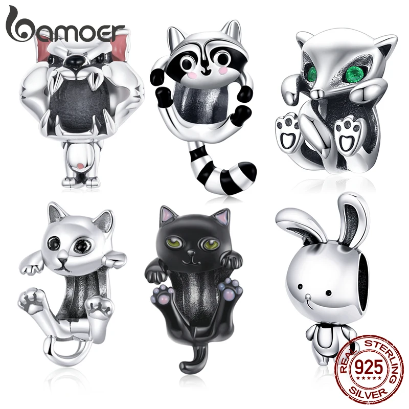 Bamoer-Breloque en argent regardé 925 authentique, chat mignon, perles d'animaux Kitty, bracelet original de 3mm, cadeaux pour filles, BSC208