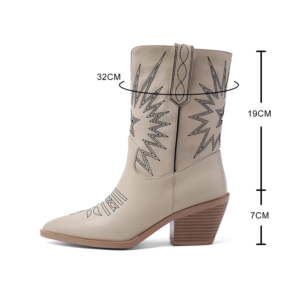 Fashion Western Cwboy Boots Women Embroider Ankle Boots Pointed Toe Med Heels Boot Retro Knight Boots Female Runway Botas 41 43