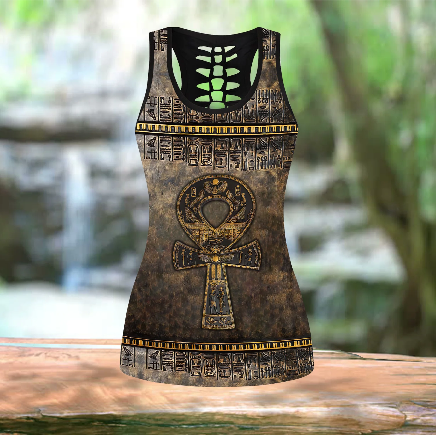 Ankh Ancient Egypt Symbol 3D Printed Hollow Tank Top & Leggings Set Fitness Female Full Length Leggings Yoga Pants LKB-27