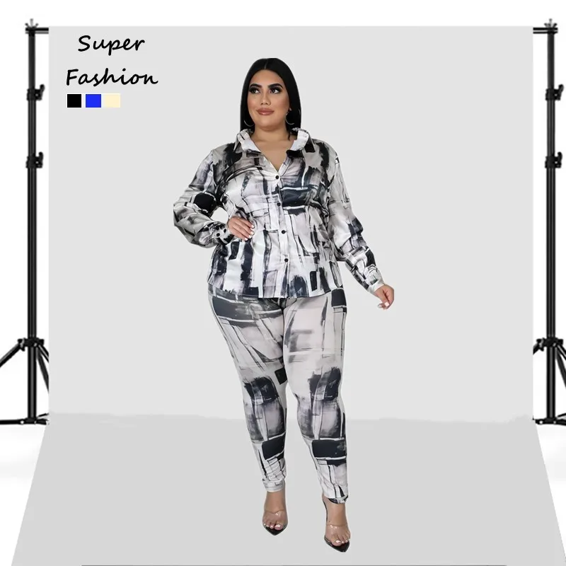 

L-4XL Winter Plus Size Sets For Women Tie Dye Long Sleeve Shirt & Pants 2 Two Piece Suits Female Outfits Wholesale Dropshipping