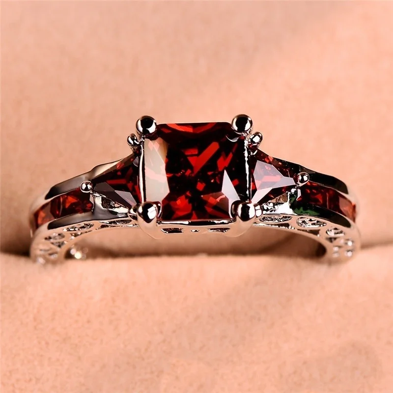 Fashion Women Princess Cut Garnet Red Ruby Wedding Ring Party Jewelry Gifts Size 6 7 8 9 10