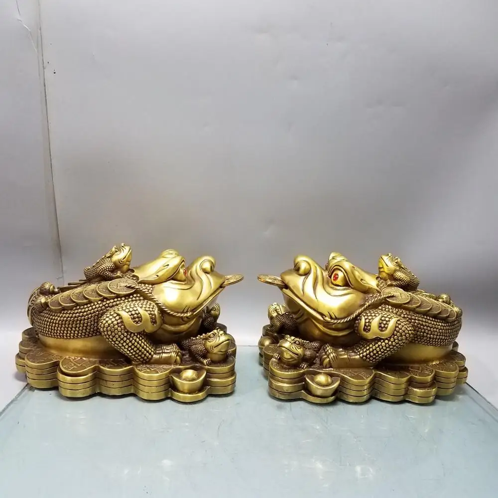 

9"Tibetan Temple Collection Old Brass Golden Toad Statue Three-legged Golden Toad Statue Amass wealth Ornaments Town house