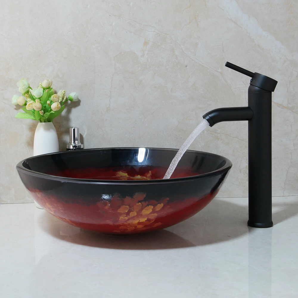 KEMAIDI New Design Washbasin Tempered Glass Basin Sink Tap With Brass Black ORB Faucet Mixer Bathroom Sink Set US Stock