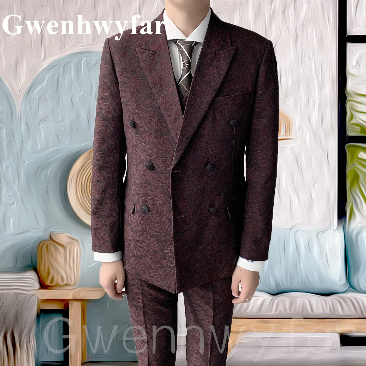 

Gwenhwyfar 2022 New Style Handsome Wine Red Suit Jacquard Satin Custom Men's Groom Wedding Suit Jacket Party 2-piece Tuxedo