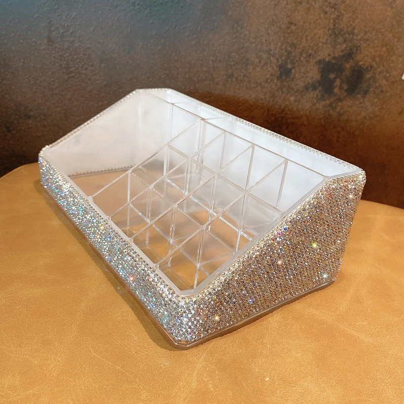 Rhinestone Acrylic Lipstick Storage Case 16 Grid Makeup Organizer Nail Polish Cosmetic Diamond Display Stand Holder Women Gifts