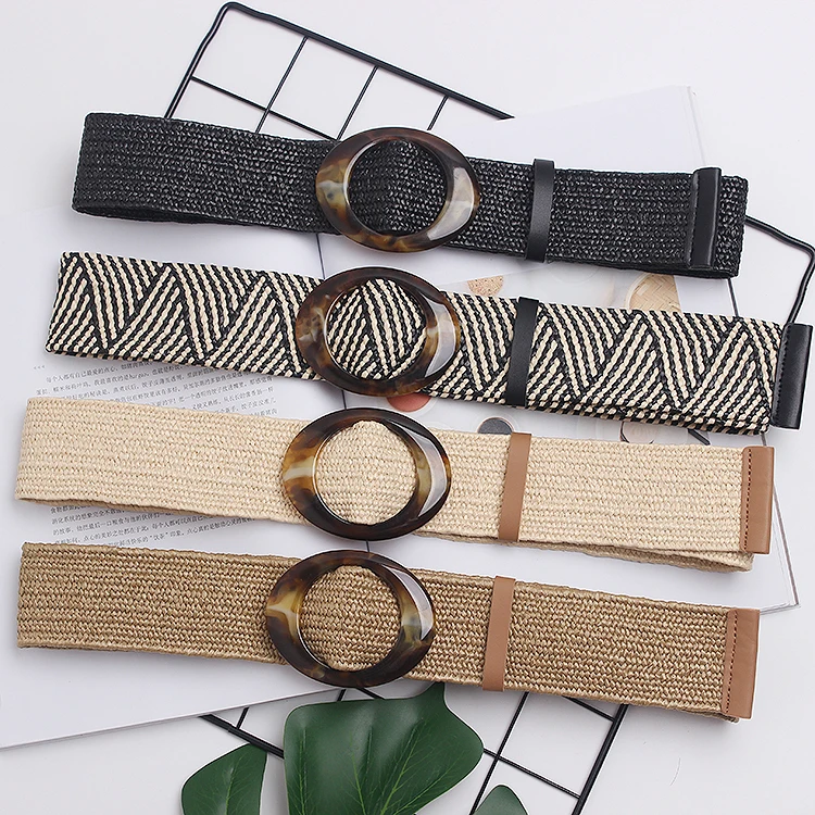 

Wooden Buckle Dress Belt For Women Casual Female Braided Wide Strap Female Designer Woven Girls Elastic PP Straw Belts BZ343