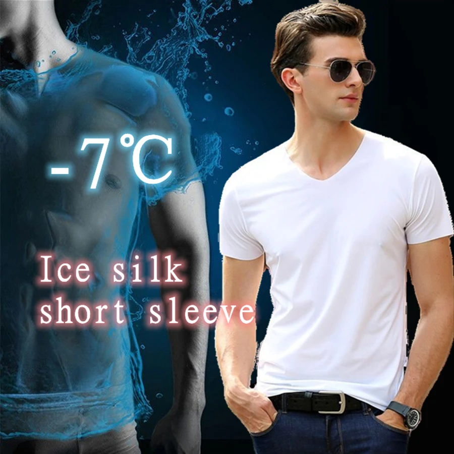 

Men's Ice Silk Short Sleeve v-neck T-shirt Male Loose Casual Sports Top Cool Short Sleeve Wear Inside Wear Outside All-match