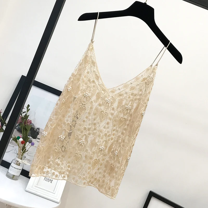 H80&S90 Summer Sexy Beading Sequins Camis Women Tops Fashion Solid Sleeveless V-Neck Female Tank Tops Loose Party Club Newest