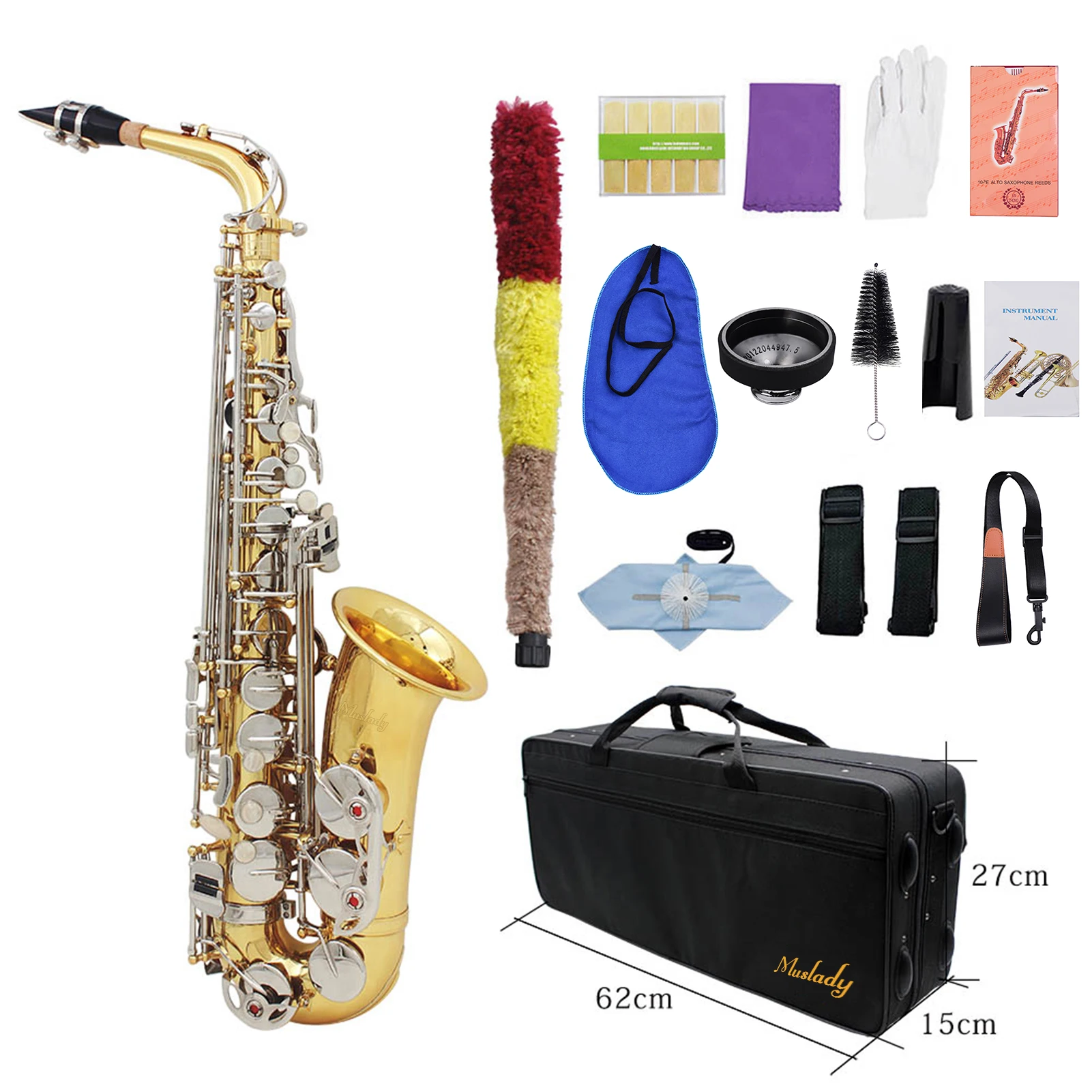 

Muslady Alto Saxophone Sax Glossy Brass Engraved Eb E-Flat Natural White Shell Button Wind Instrument with Case Mute Gloves