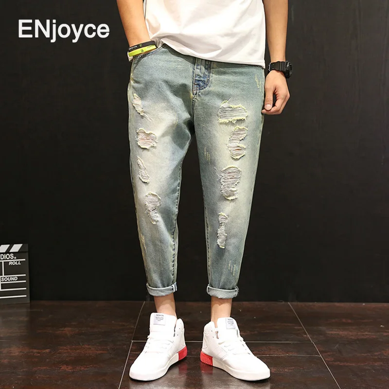 

ENjoyce Men Retro Distressed Ripped Jeans Holes Harajuku Washed Denim Pants Male y2k Streetwear Biker Jean Spring Summer