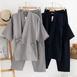 2024 Japanese kimono men's spring and summer pajamas two-piece 100% cotton solid color simple large size home service set mens