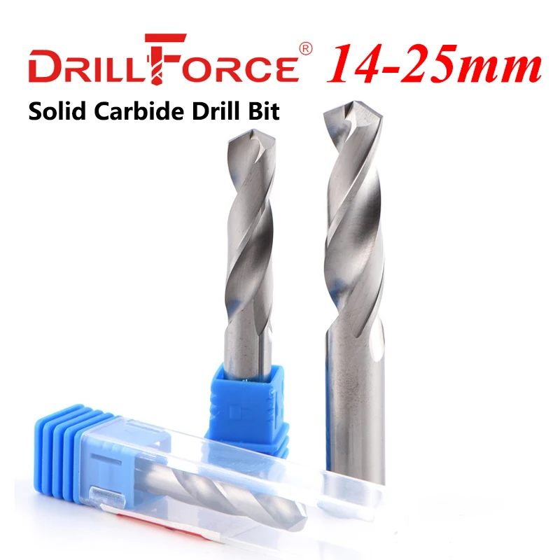 Drillforce 1PC 14mm-25mm Solid Carbide Drill Bit, Uncoated (Bright) Finish, Round Shank, Spiral Flute Twist Drill Bit For Metal