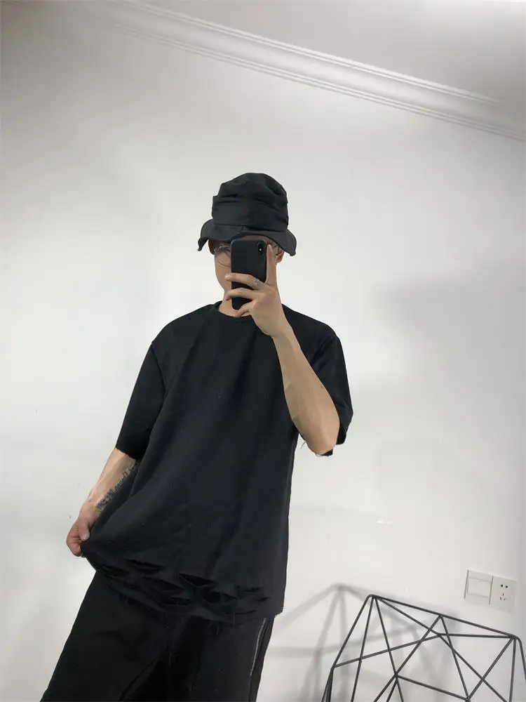 Men's Short Sleeve T-Shirt Summer New Dark Department Broken Hole Design Fashion Popular Leisure Loose Large Size Half Sleeve