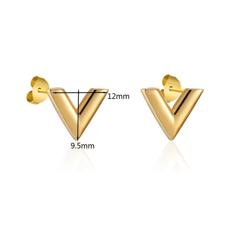 Luxury Brand Jewelry Simple Design V Letter Earrings For Women Stainless Steel Gold-Color Elegant Party Stud Earrings KE002-1