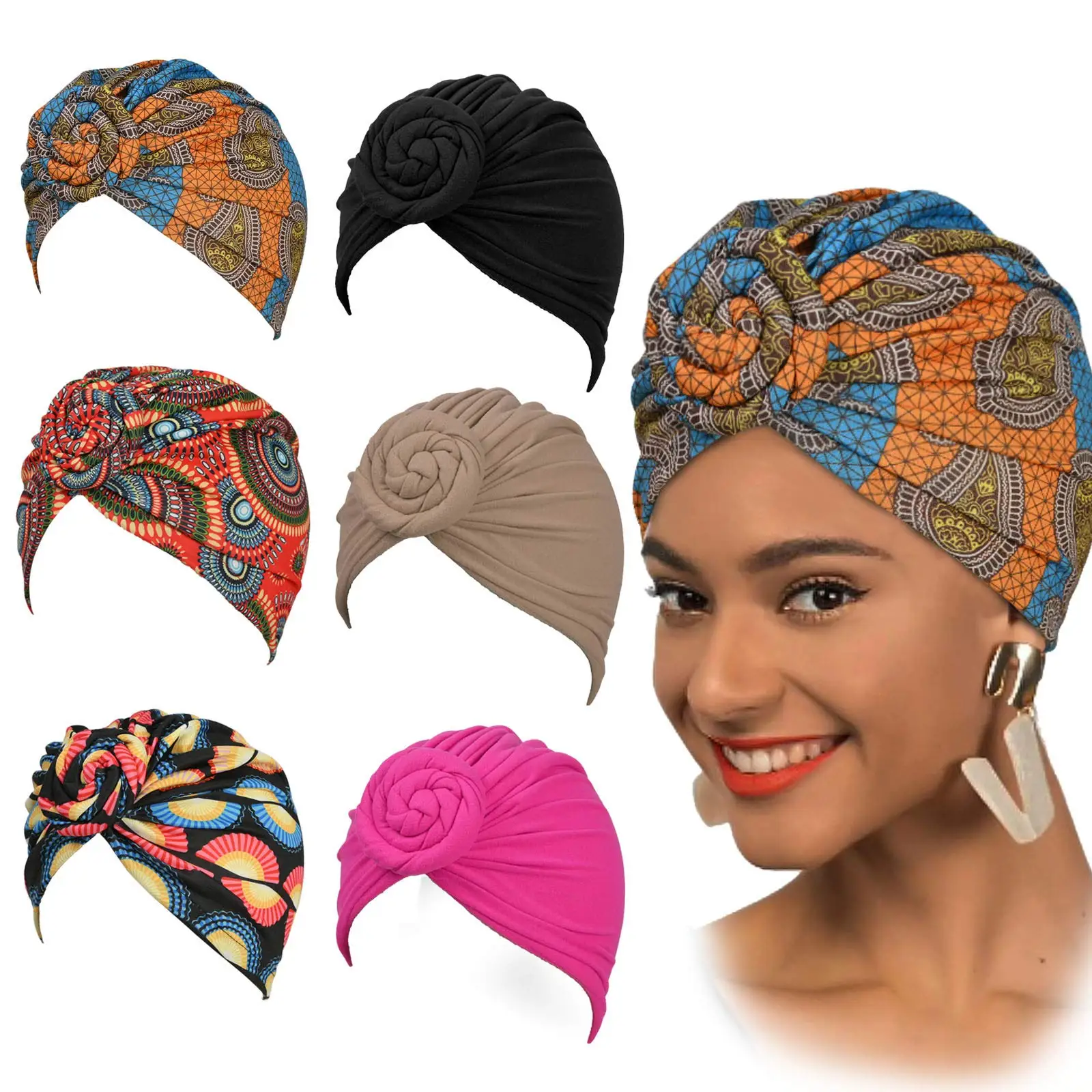 

2022 Fashion Pre Tied Knot Head Wraps for Women Turban Bonnet African Headtie Headwrap Bohemia Muslim Hijab Cap