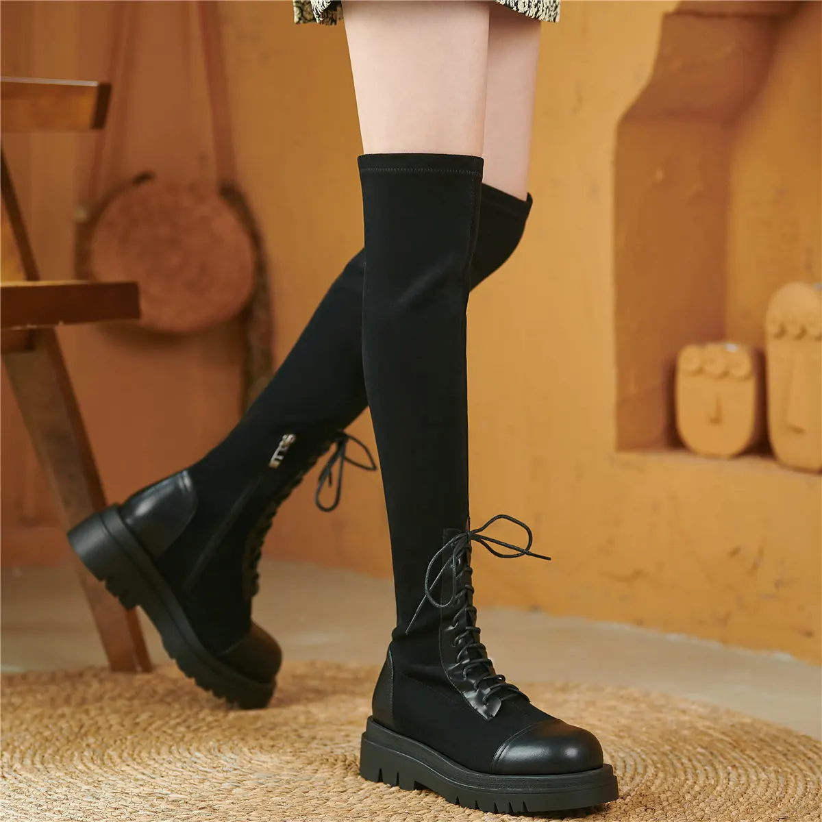 Thigh High Fashion Sneakers Women Leather Chunky Heels Over The Knee High Boots Female Stretchy Velvet Platform Oxfords Shoes