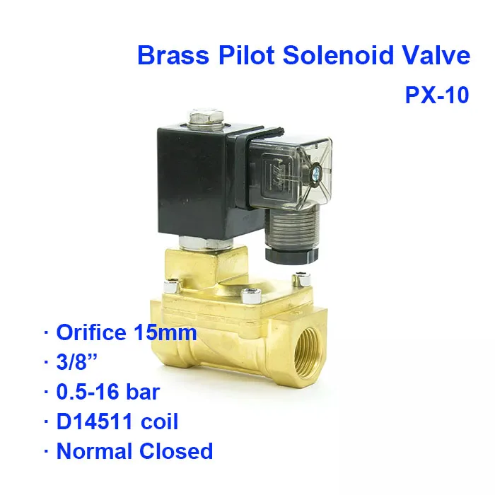 

2 Way Normal Close Pneumatic Brass Pilot Solenoid Valve PX-10 BSP Port G3/8" Low Pressure 0.5-10bar Orifice 15mm D14511 Coil