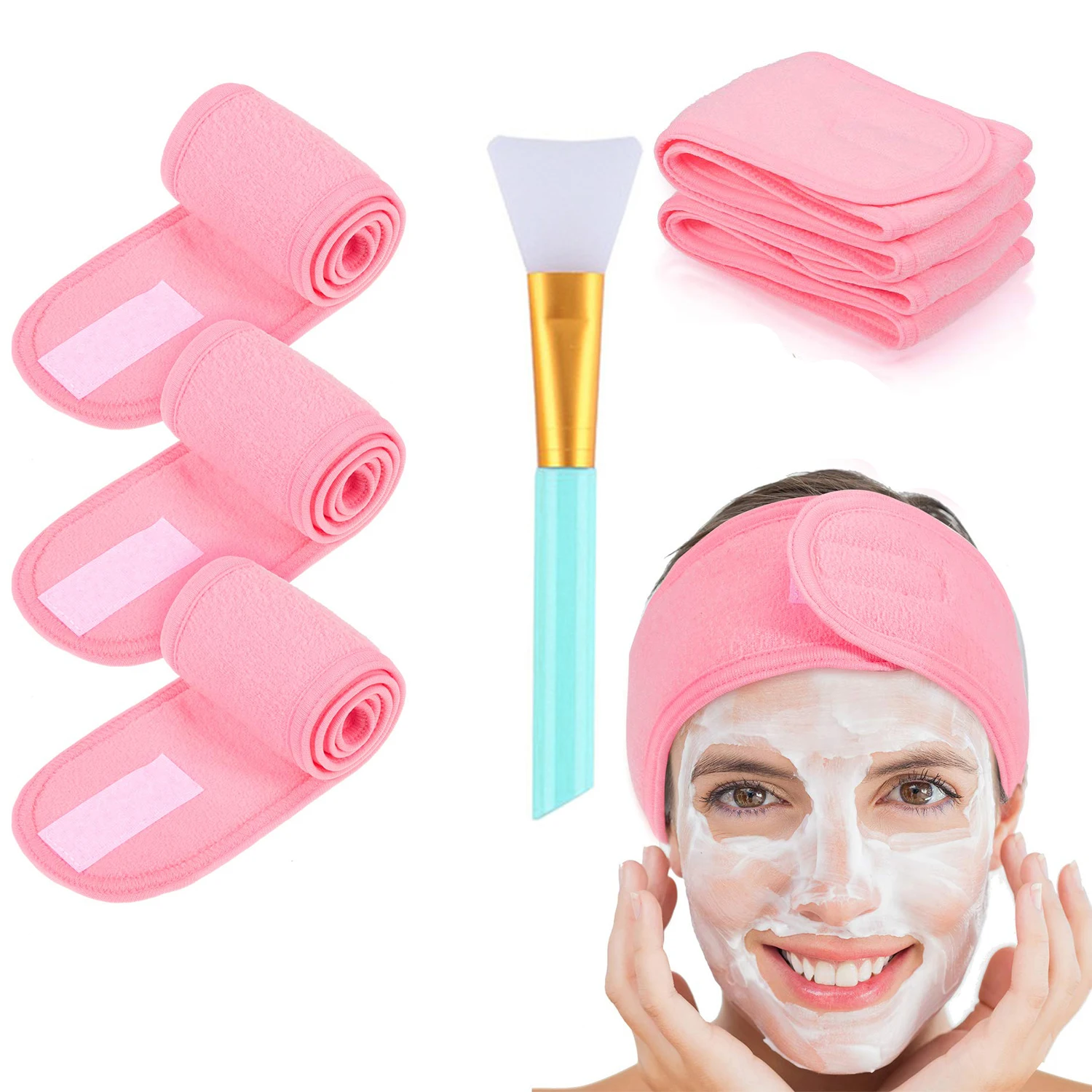 3pcs Adjustable Facial Headband with 1 Mask Brush Yoga Spa Bath Shower Makeup Wash Face Cosmetic Head Band Make Up Accessories