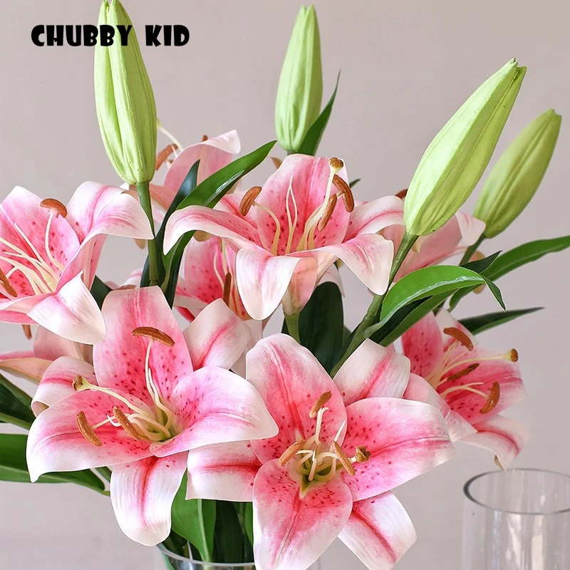 

6pcs/lot! wholesale real touch 3D Silicone lily 88cm long large fake 3 head plastic Lily flower wedding artificial lily flowers