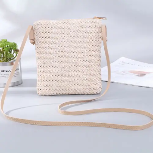 Summer Women New Fashion Straw Bag Rattan Woven Tote Purse New Crossbody Messenger Bag Plait Small Square Handbag Boho Beach