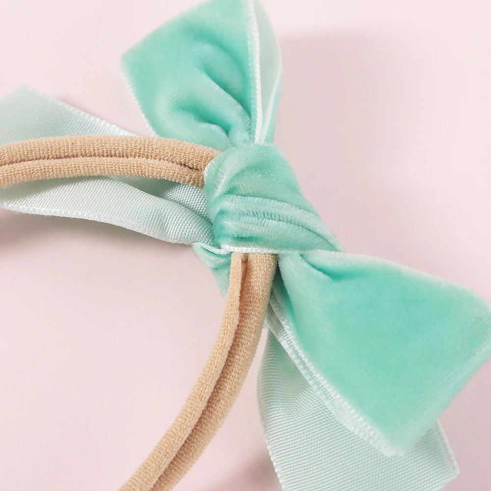 30 pcs/lot, Chubby Velvet Bow on Soft Nylon Headbands, Velvet Hand Tied Hair Accessory, Girls Christmas Gift