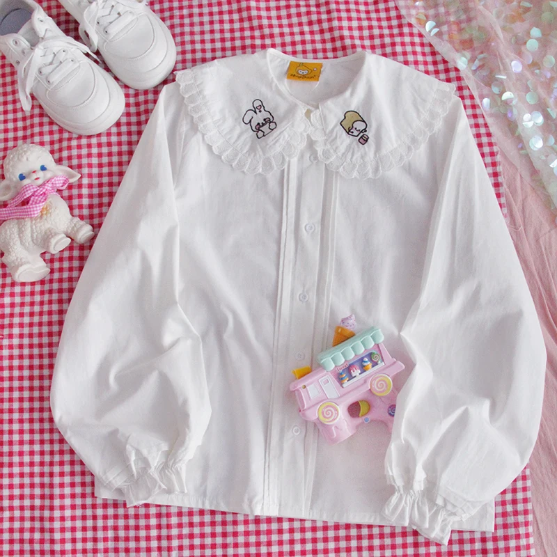 Fall Cute Fashion Sweet Vrouwen Blouse Harajuku Kawaii Konijn Lange Mouwen Tiener Meisje Lolita Wit Peter Pan Kraag Tops 2021