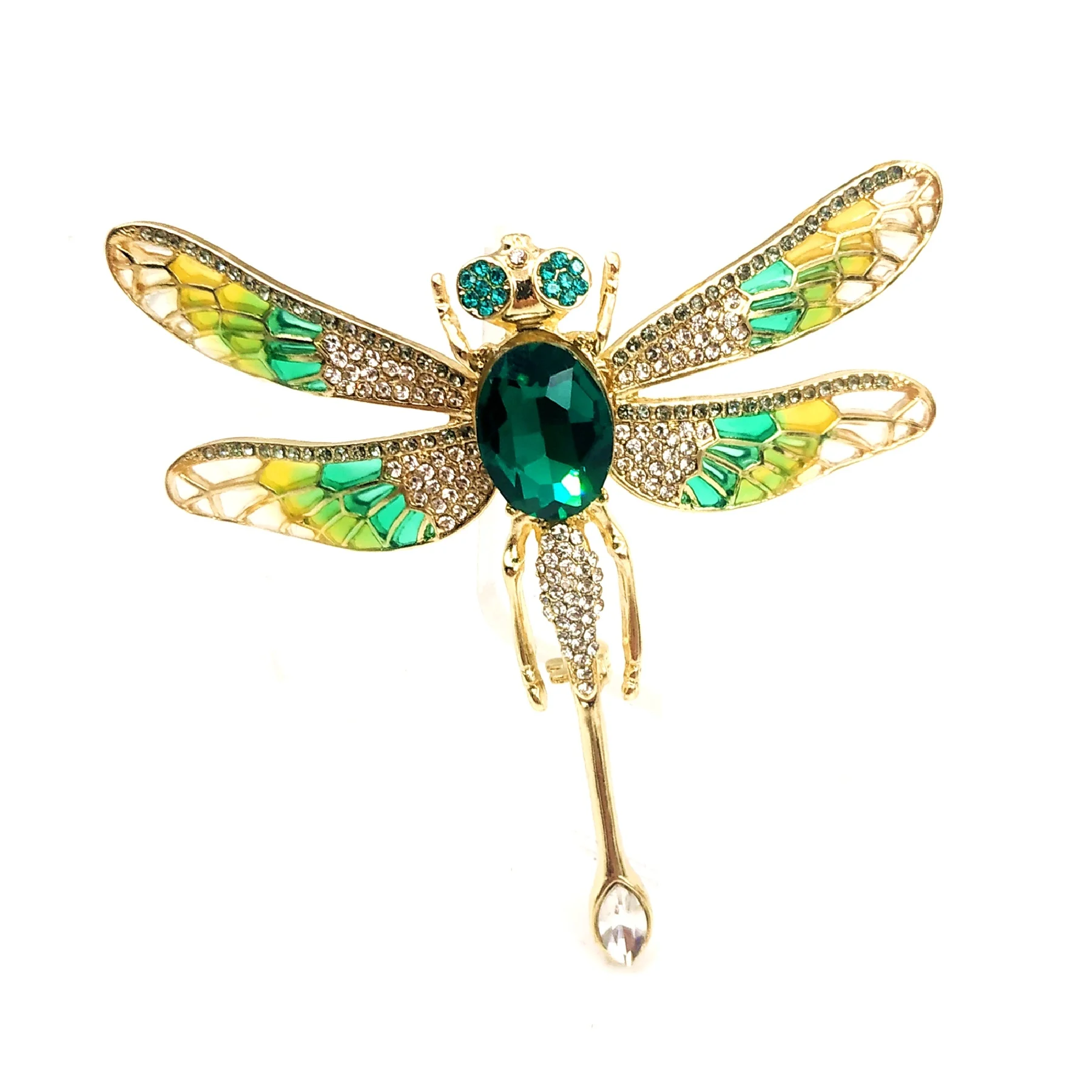 Stunning Enameled Wing Green Rhinestone Large Dragonfly Brooch Pin Insect Jewelry for Women Costume Suit Sweater Dressy Fashion