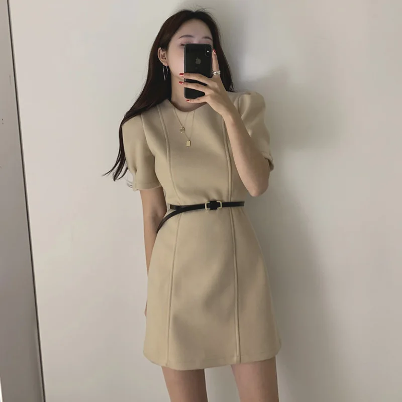 

YAMDI elegant dresses summer solid belt a-line party korean mini dress women high waist vintage 2020 new short sleeve woman robe