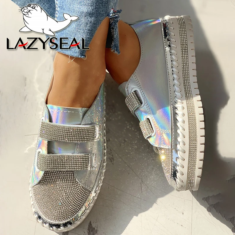 LazySeal Bling donna strass Casual quotidiano nastro magico Sneakers bottone spesso pigro scarpe da donna strass piatto femminile 2021 nuovo