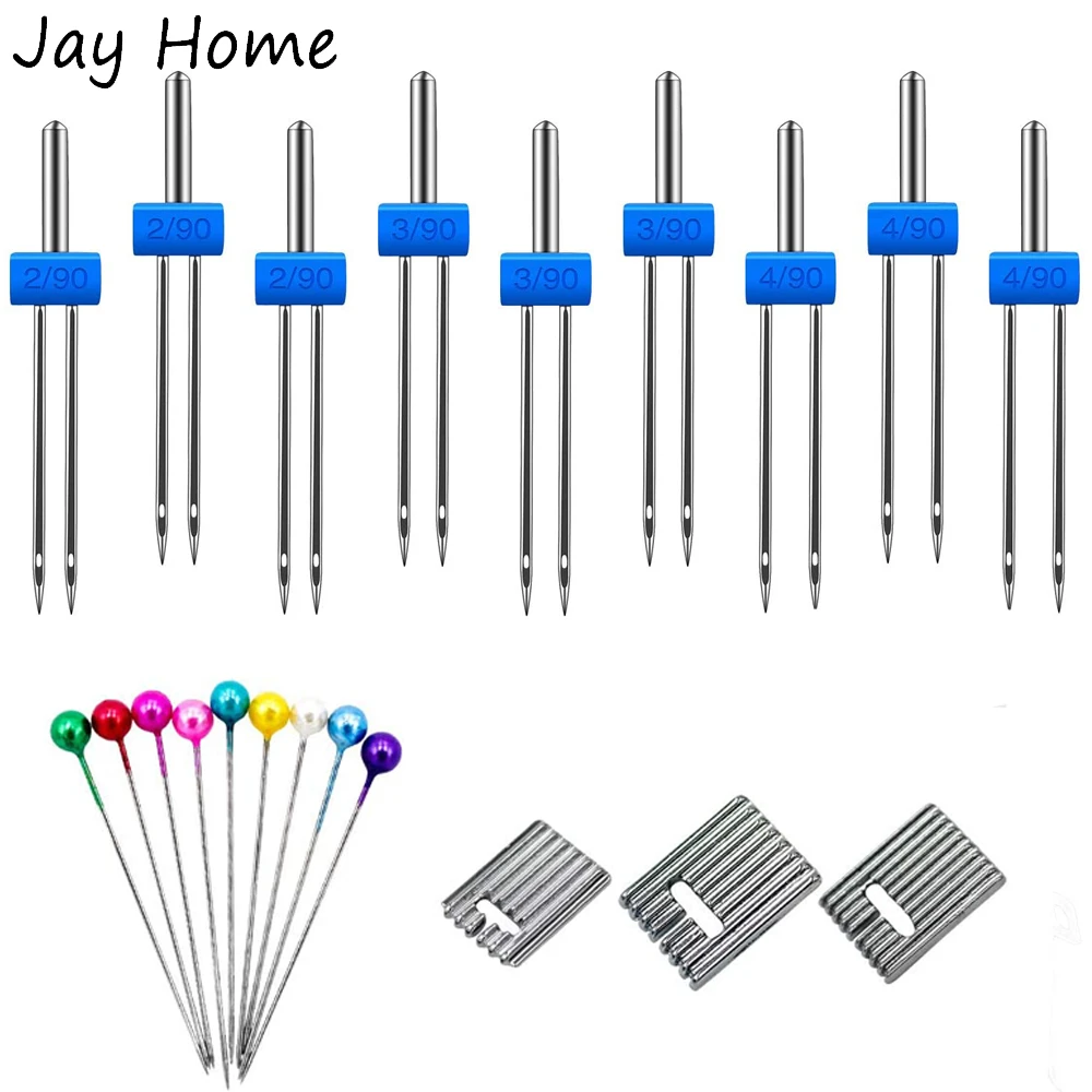 9PCS Sewing Machine Double Twin Needles with 3Pcs Groove Pintuck Presser Foot & Sewing Pins for DIY Household Sewing Machine