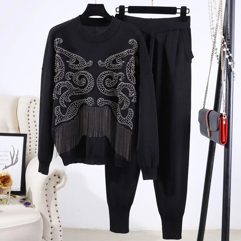 Knitting Outfits Women Handwork Beading Chain Tassel Sweater Long Pants Two Piece Set Female Loose Casual Black Knitted Suit 2pc