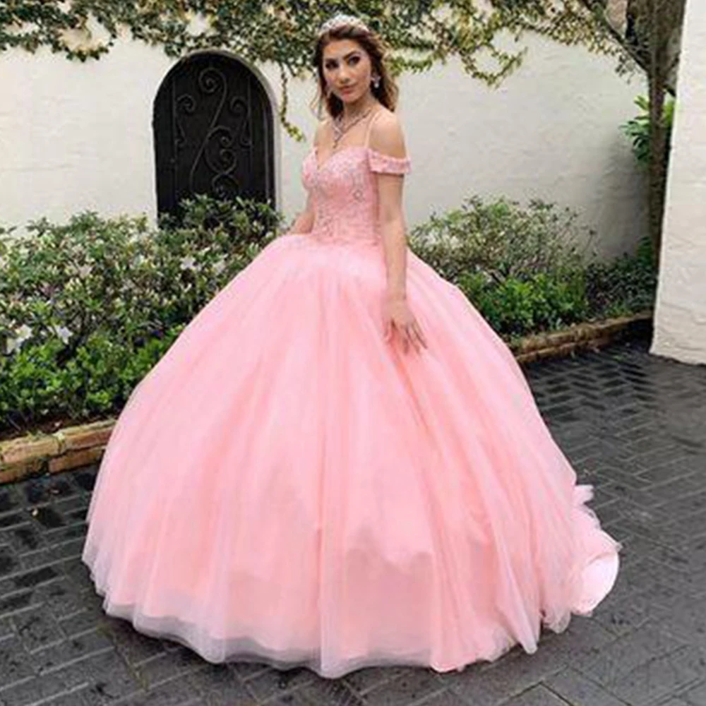 Angelsbrief fora do ombro vestido de baile quinceanera vestido de espaguete cintas frisadas meninas doce 16 vestidos de baile