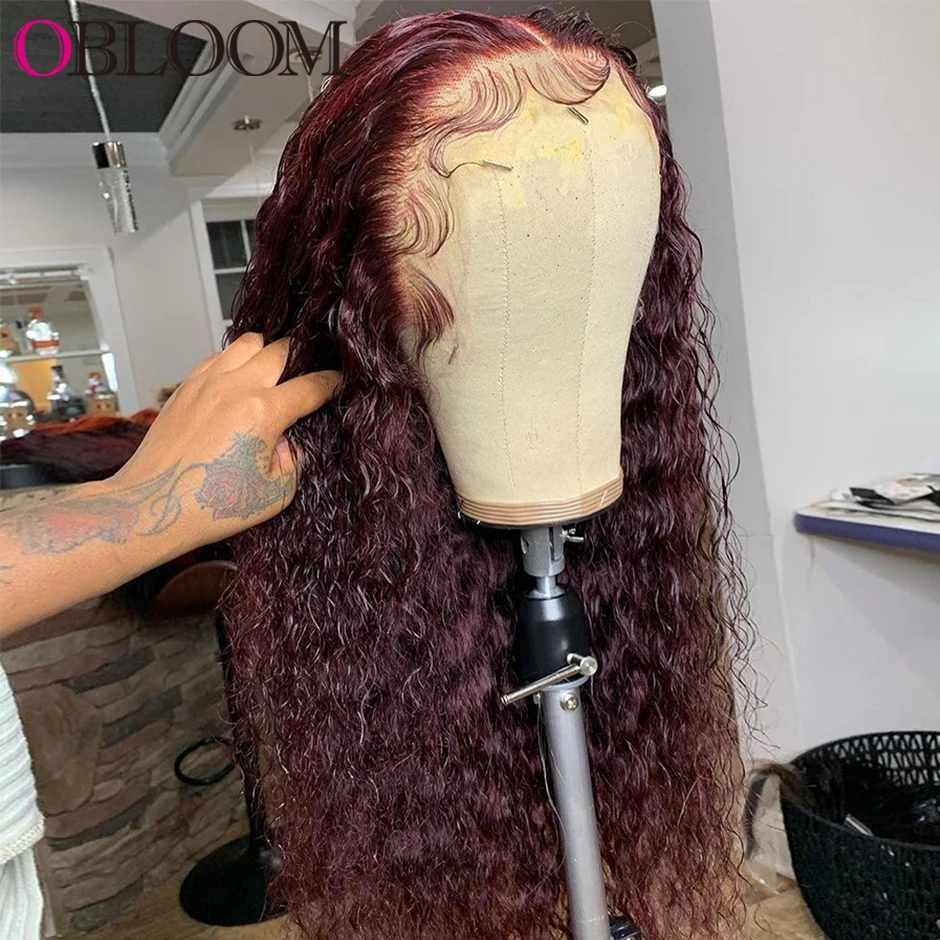 34in Curly Burgundy 99J Lace Frontal Wig Human Hair Wigs 13*6*2 Water Wave Transparent Preplucked Brazilian Hair Kinky Curly Wig