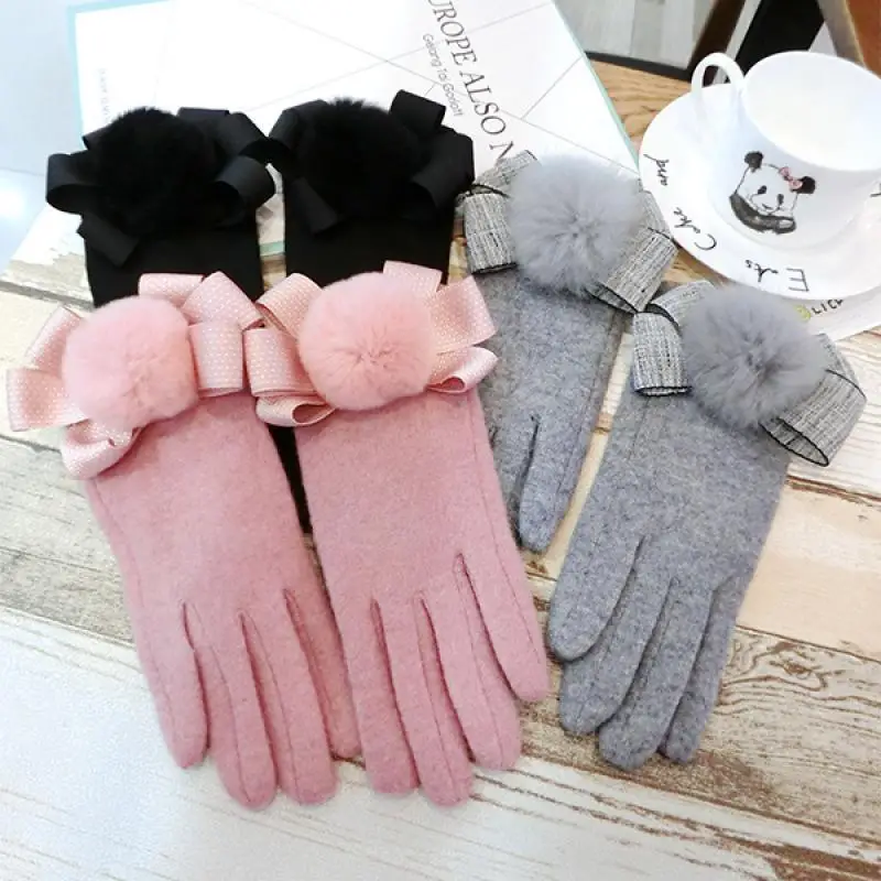 

Cashmere Gloves Bowknot Rabbit Fur Ball Ladies Gloves Korean Fashion Cute Thick Warm Touch Screen Winter Gloves A361