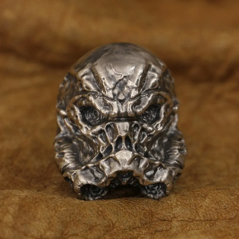 

LINSION 925 Sterling Silver Skull White Warrior Ring Mens Biker Punk Ring TA314 US Size 7~16