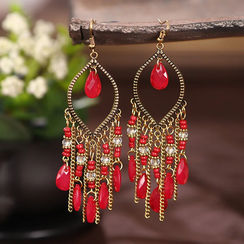 Bohemian Antik Gold Farbe Lange Wasser Tropfen Quaste Ohrringe für Frauen Vintage Bunte Geometrische Tropfen Baumeln Ohrringe Schmuck – Detail 6