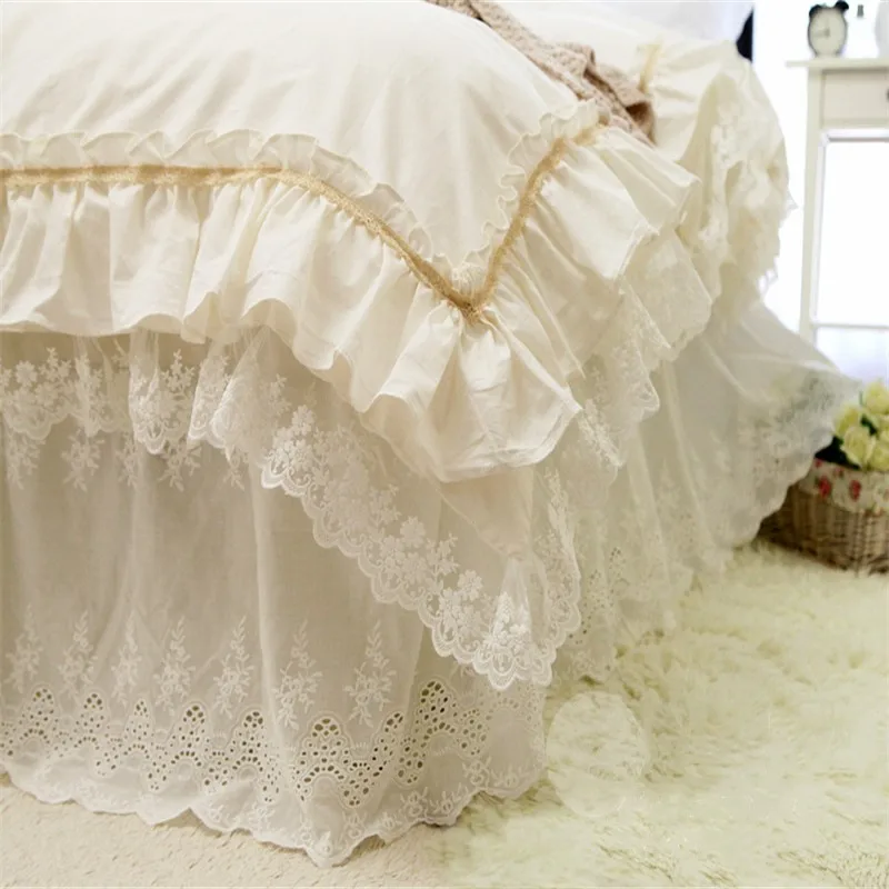 Korean European princess style lace ruffles high count beige pure cotton bed skirt bed cover full queen king bedding set S