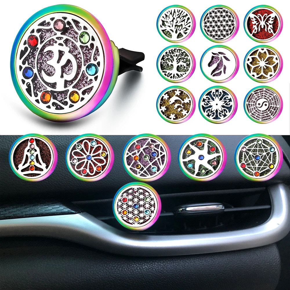 

New Colorful Stainless Steel Car Air Freshener Clip Portable 30mm Essential Oil Diffuser Locket 3D Pattern Zircon Car Jewelry