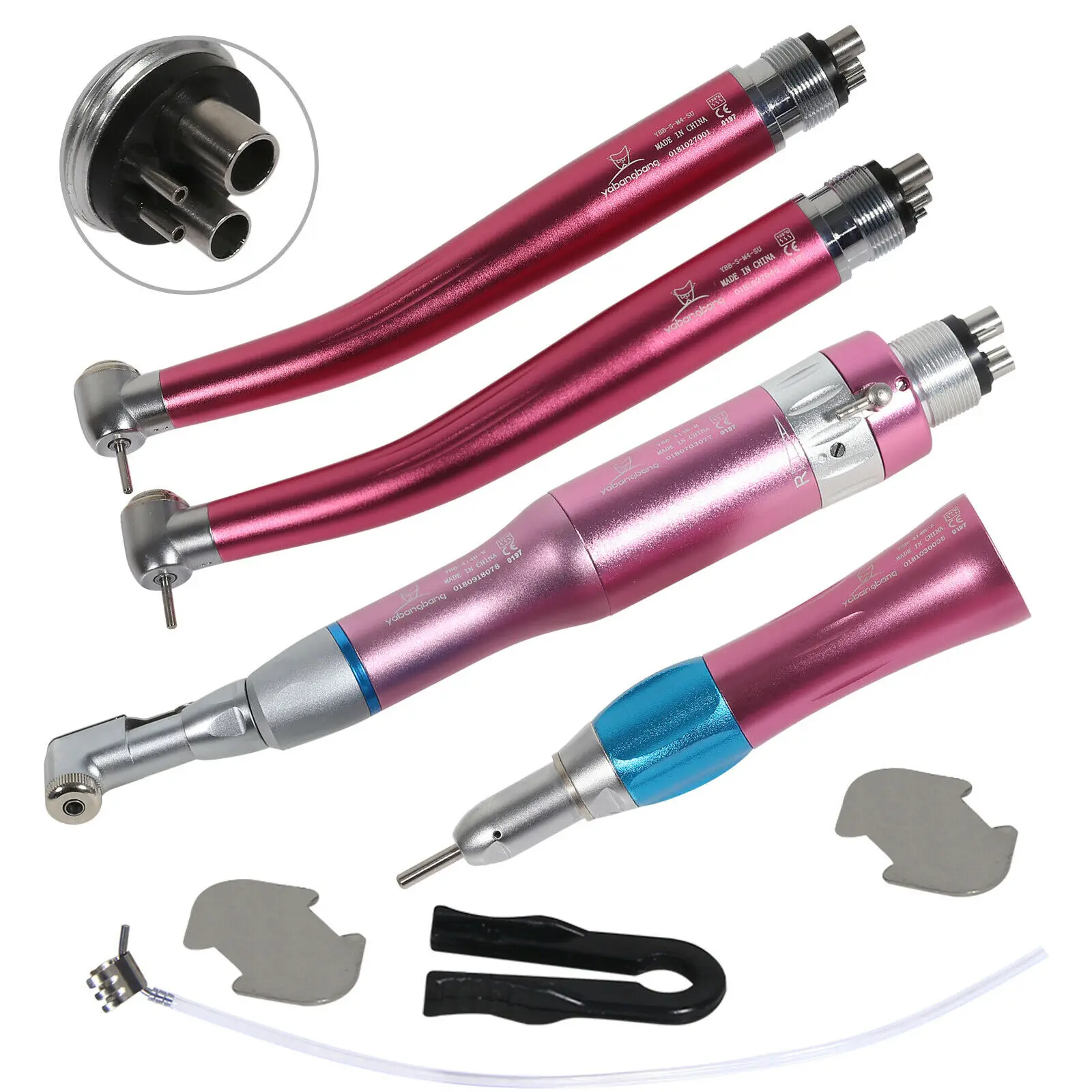 2*NSK Style Dental High Speed Handpiece +1*Low Speed Straight Contra Angle Handpiece Kit E-Type Air Motor 4Holes Pink Color