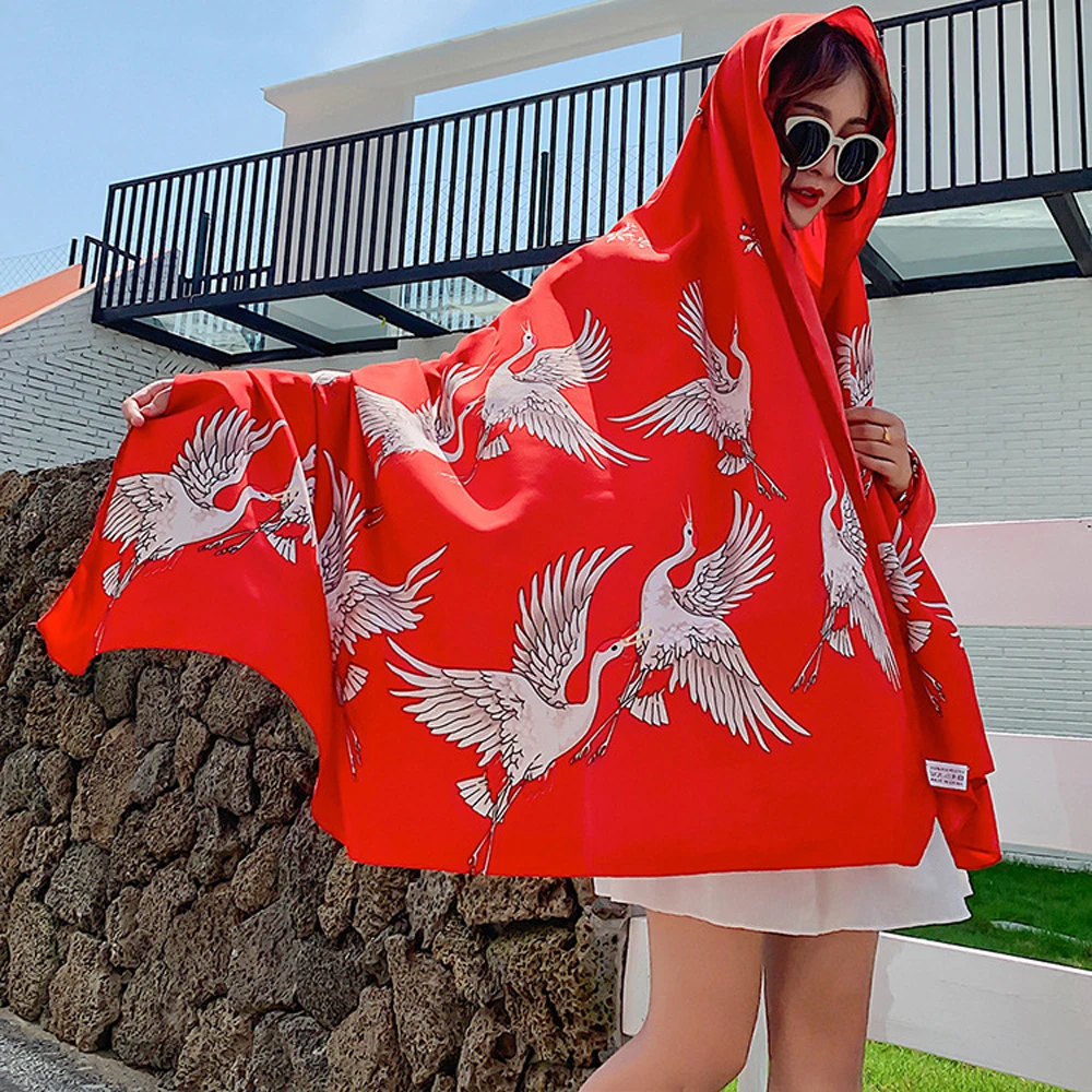 Bufanda de algodón con estampado de pájaros para mujer, chales cálidos de talla grande, protección solar, color rojo, Otoño, 2020