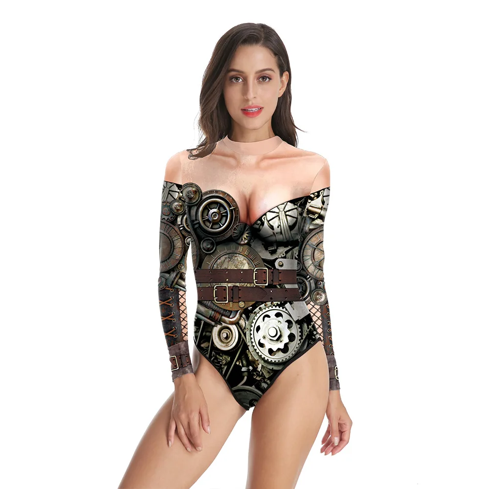 

[You're My Secret] New Fashion Steampunk Swimwear Women One Piece Swimsuit Mechanical Gear Printing Body Suits Long Sleeves