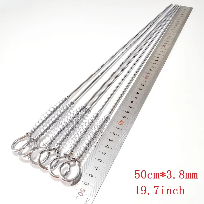 50cm Stainless Steel BBQ Skewer Barbecue Tool Spring Handle Kebab Flat BBQ Needle Stainless Outdoor Picnic Accessories 6-12pcs