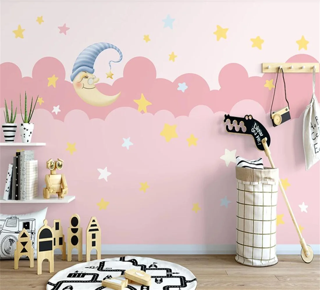 wall papers home decor Customized modern Hand painted cute moon starry pink children's room background 3d wallpaper