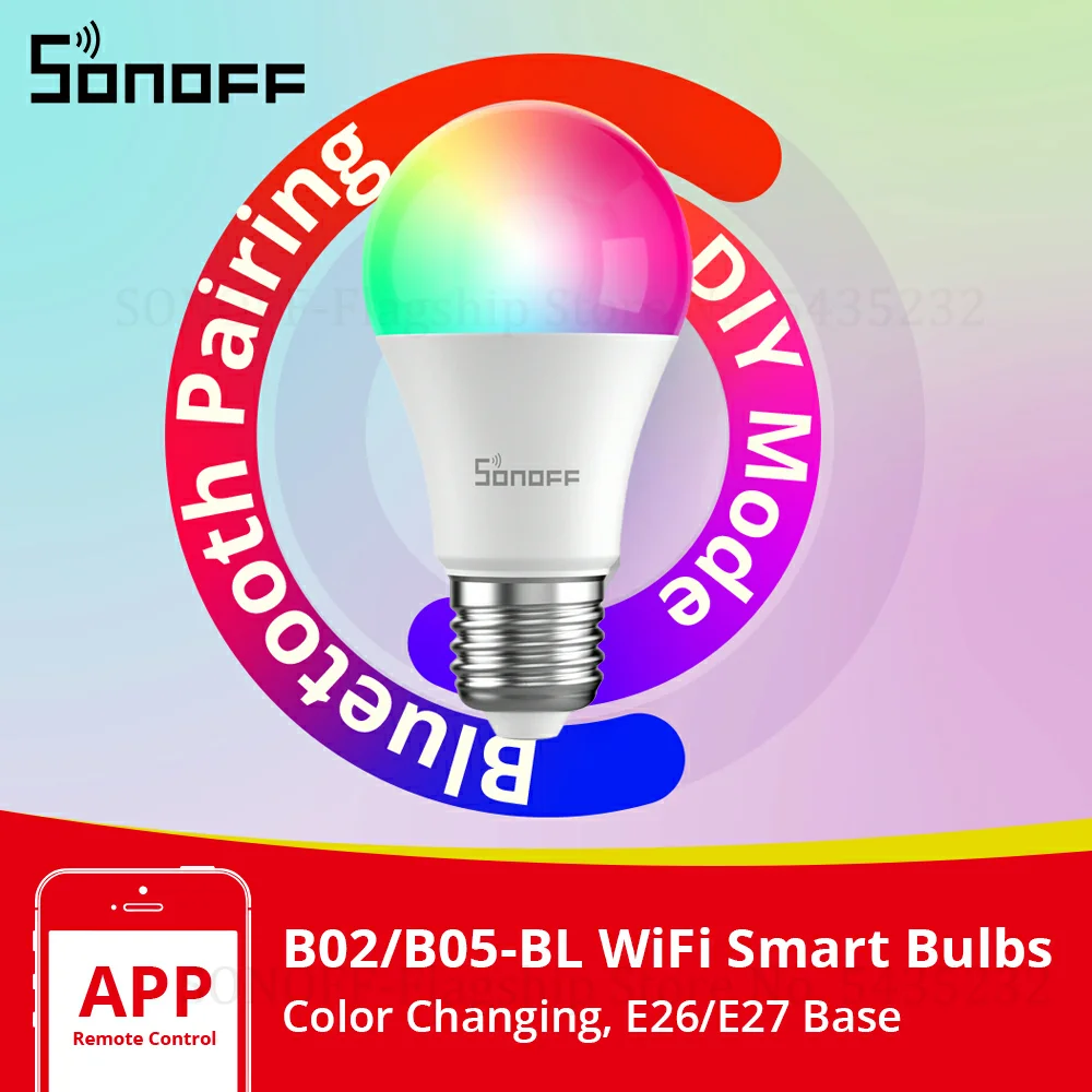 

Умная лампа SONOFF B02/ B05-BL с Wi-Fi, цветная меняющаяся светодиодсветильник лампа E26 E27 RGBCW, функция таймера, работа с Google Home Alexa