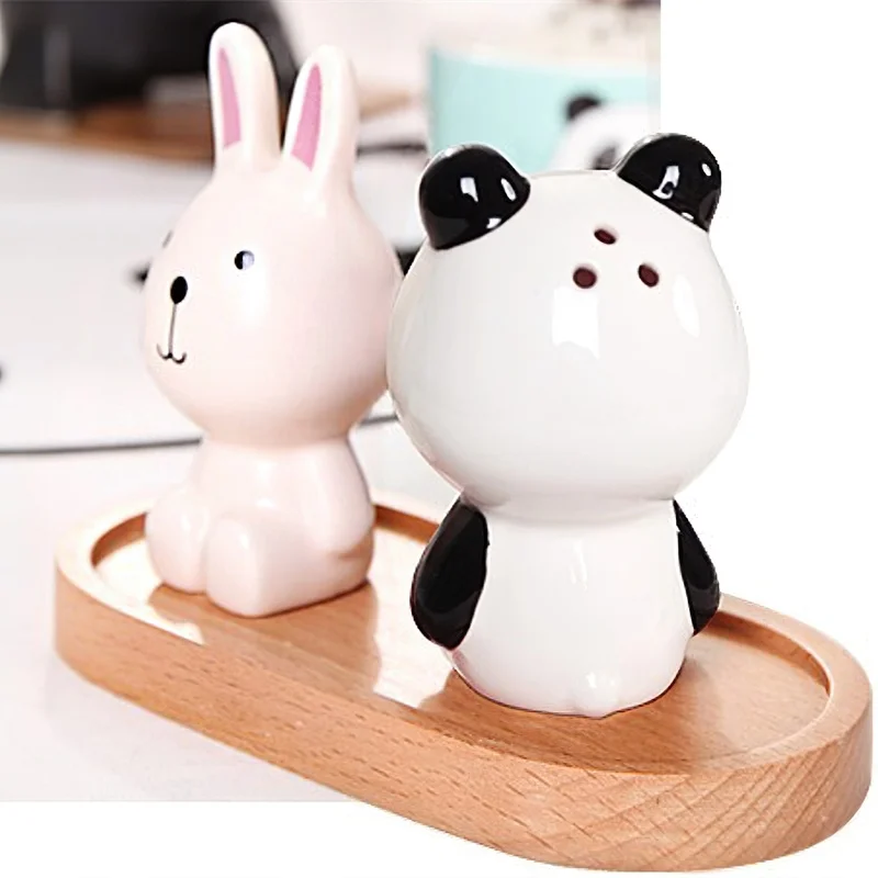 Korean Cute Cartoon Bunny Bear Kitten Panda Ceramic Seasoning Pot Two-piece Creative Home Kitchen Supplies Salt Pepper Pot